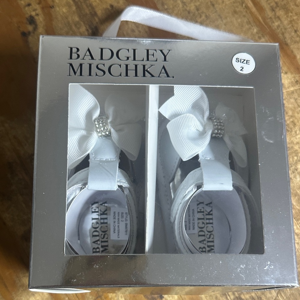 Badgley Mischka White Bow Baby Walker Shoes with Jewel Accent